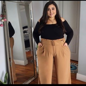 ELOQUII tan wide leg pant paper bag waist